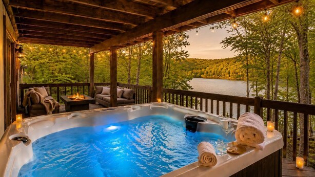 A hot tub with a view of a lake and forest, surrounded by wooden deck furniture and string lights. - Lakefront Modern Escape with Hot Tub (East Stroudsburg)
