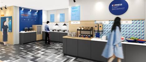 A modern hotel lobby with a reception desk, a coffee station, and a wall with a sign reading 'EXPRESS START BREAKFAST'.