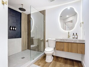 Douche, sèche-cheveux, serviettes fournies, savon