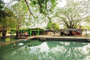 A pool area with a wooden deck, green structures, and trees. - Hospedaje ojo de agua (Santiago Laollaga)