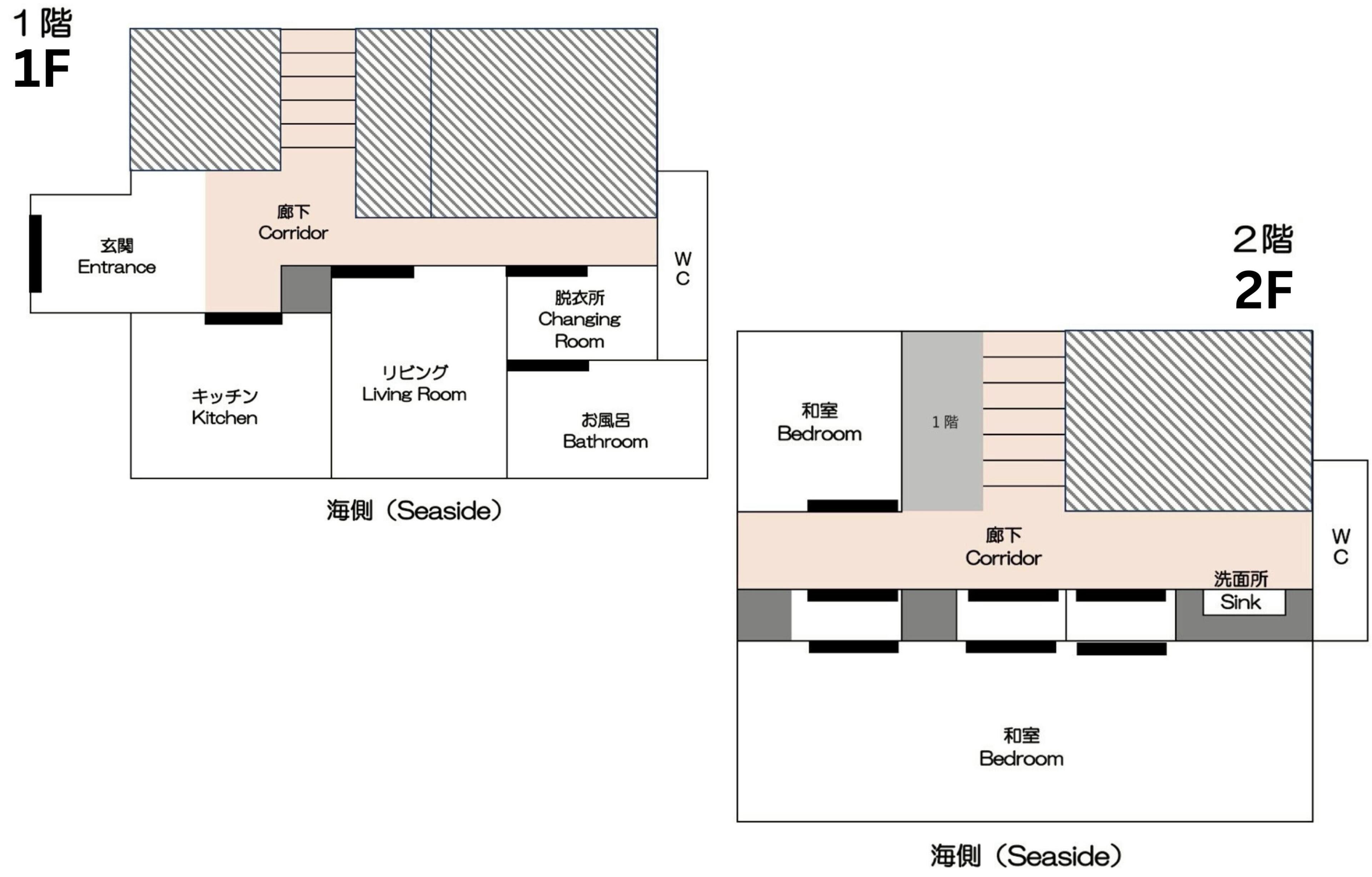Floor plans of a hotel with a living room, kitchen, changing room, bathroom, and bedrooms.