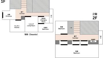 Floor plans of a hotel with a living room, kitchen, changing room, bathroom, and bedrooms.