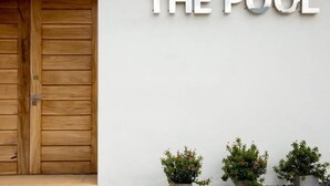 Una puerta de madera, un cartel que dice 'THE POOL' y tres macetas con plantas.