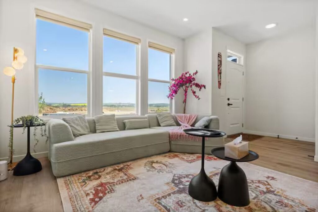 A living room with a large window, a sofa, a coffee table, and a decorative plant.
