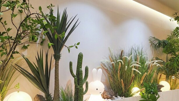 A wall-mounted planter with various plants, including a cactus and a white rabbit sculpture. - 4rest Stay Jongno (Seoul)