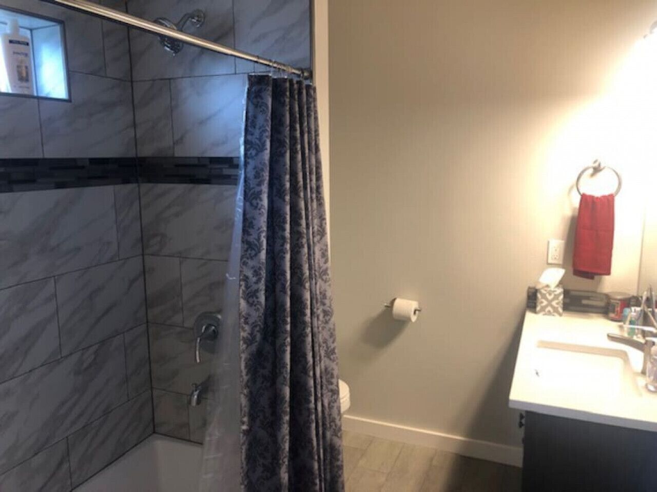 Une salle de bain avec douche, toilettes et lavabo.