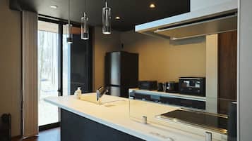 Fridge, microwave, oven, cookware/dishes/utensils