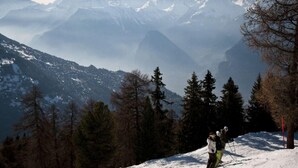 A snowy mountain landscape with a ski slope, trees, and distant peaks. - Apartment in Valais Near Cable Car (Nendaz)