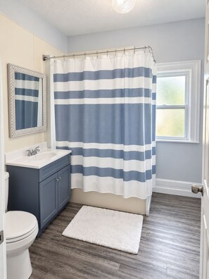 A bathroom with a striped shower curtain, a sink with a mirror, and a white rug on the floor. - Beautiful Studio apartment with AC, Riverside in delightful Bay City! (Bay City)