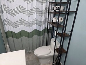 Hair dryer, bidet, towels, soap