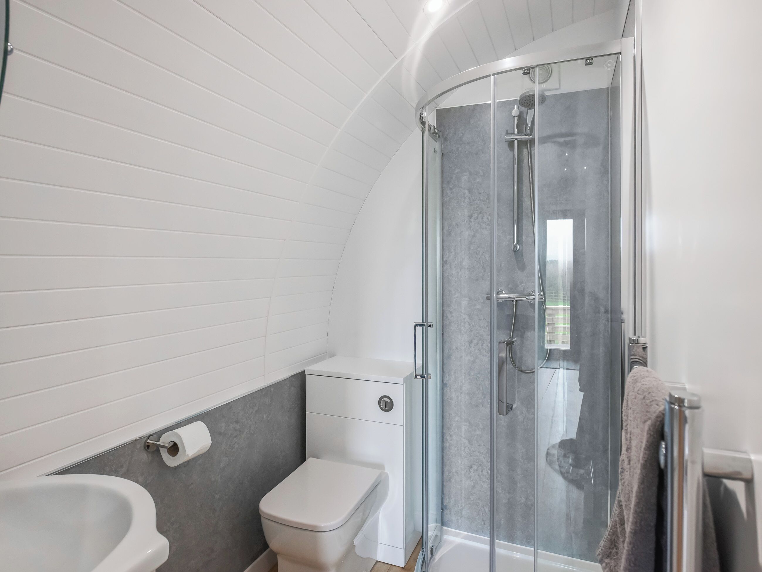 A bathroom with a shower, toilet, and bathtub.