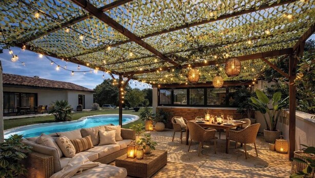 A covered outdoor seating area with a pool, wicker furniture, and string lights. - Luxury villa Lilly Aaron swimming pool and lake of sainte croix (Artigues)