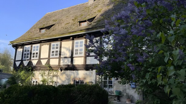 A traditional half-timbered house with a steep roof, surrounded by lush greenery and purple flowers. - Apartment 'Alter Weserhof Forst' with Private Garden and Balcony (Bevern)