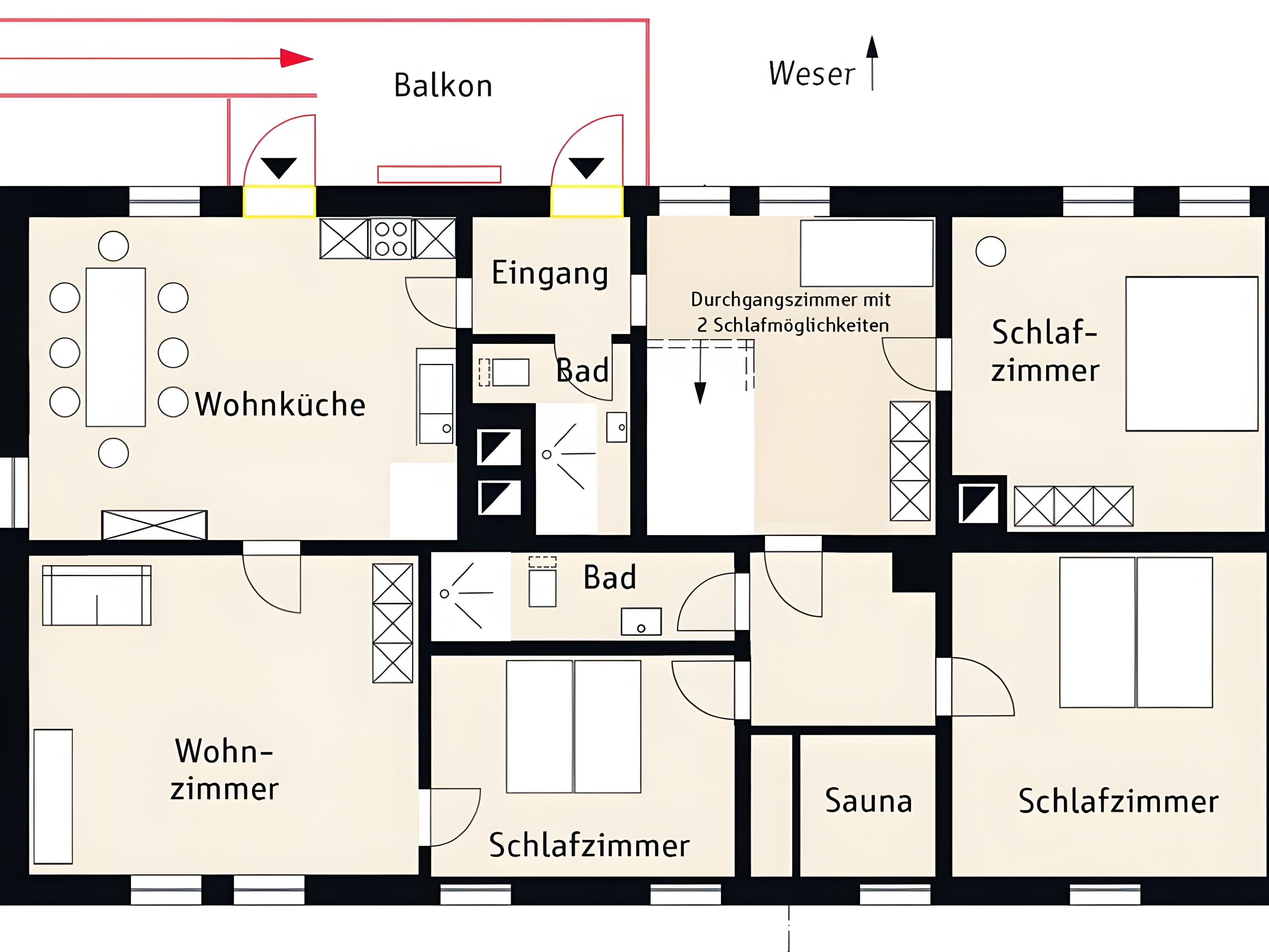 A hotel floor plan with a balcony, living room, dining area, kitchen, entry, bathroom, shower room, and sauna.