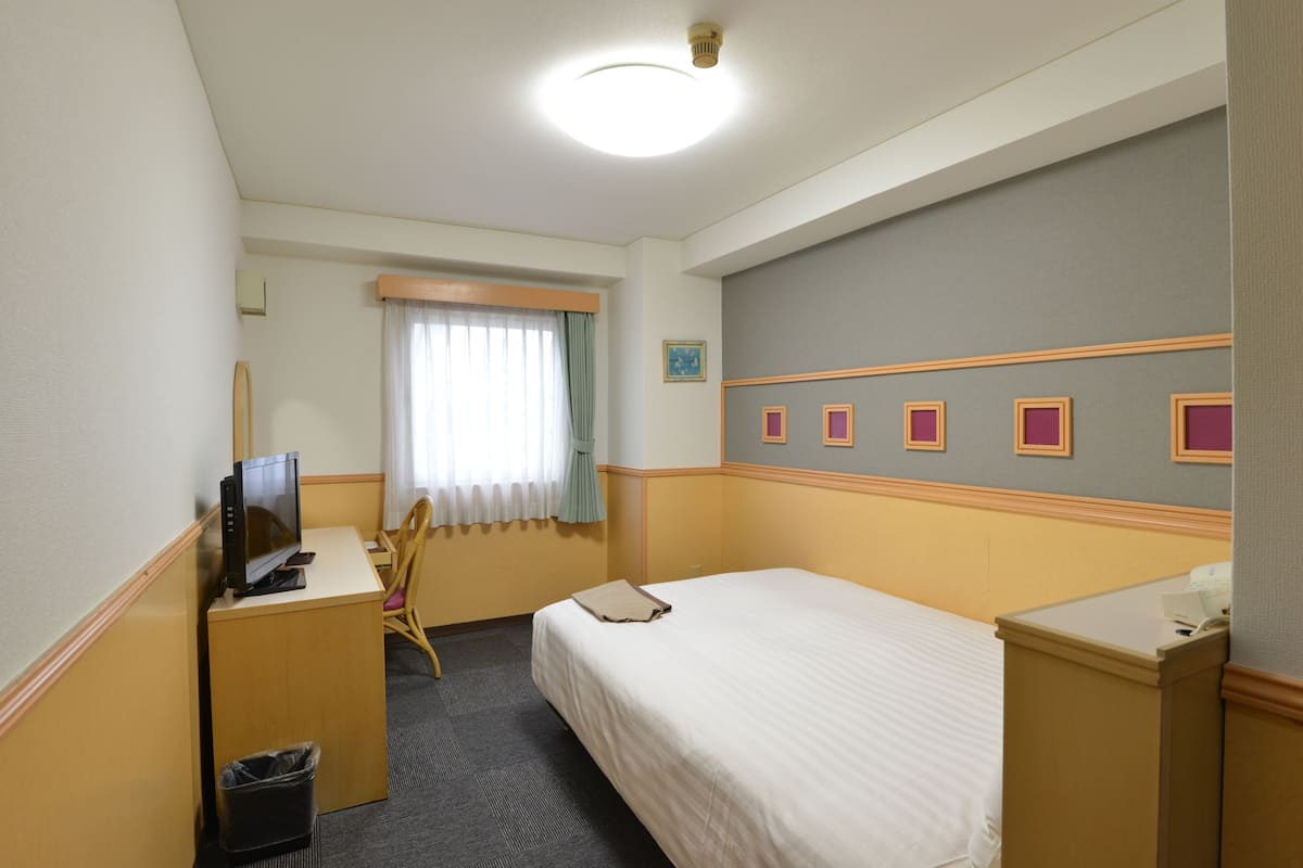A hotel room with a bed, desk, chair, and a television.