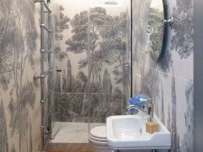 Een douche, een haardroger, een bidet, handdoeken