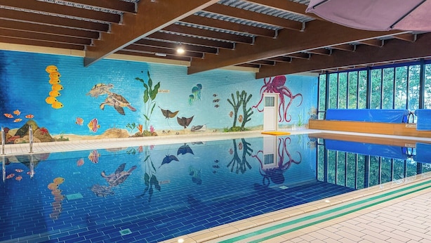 En inomhuspool med en väggmålning som föreställer marint liv, en bänk och utsikt över träd genom stora fönster.
