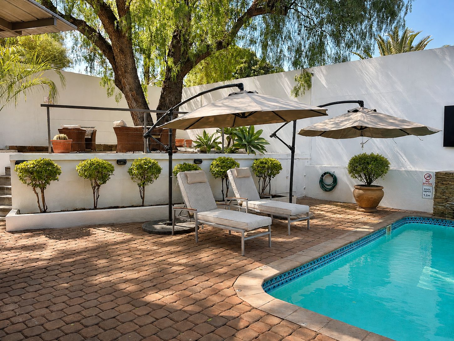 Outdoor pool, pool umbrellas, sun loungers