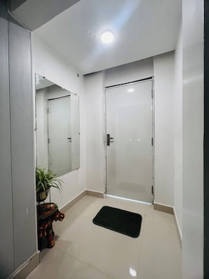 Un pasillo con una pared espejada, una planta en maceta, un felpudo negro y una puerta con panel de vidrio.