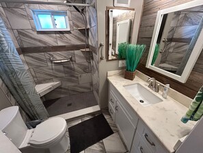 Shower, hair dryer, towels