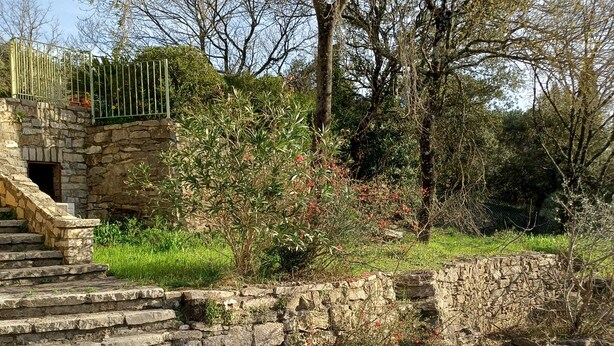 Una scala di pietra conduce a un'area recintata, con un muro di pietra e vegetazione.
