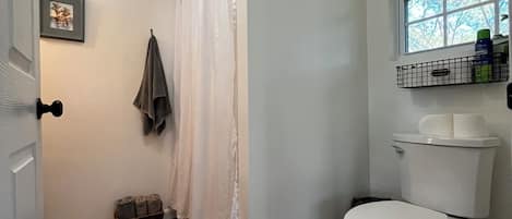 Regadera, secadora de cabello, toallas, papel de baño