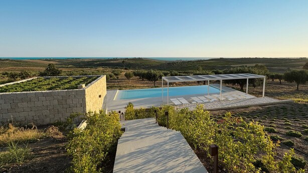 A rooftop pool with a pergola, surrounded by vineyard rows, under a clear sky. - Luxury residence with pool - Terra di Bertolino in Menfi - DiCasaInSicilia (Menfi)