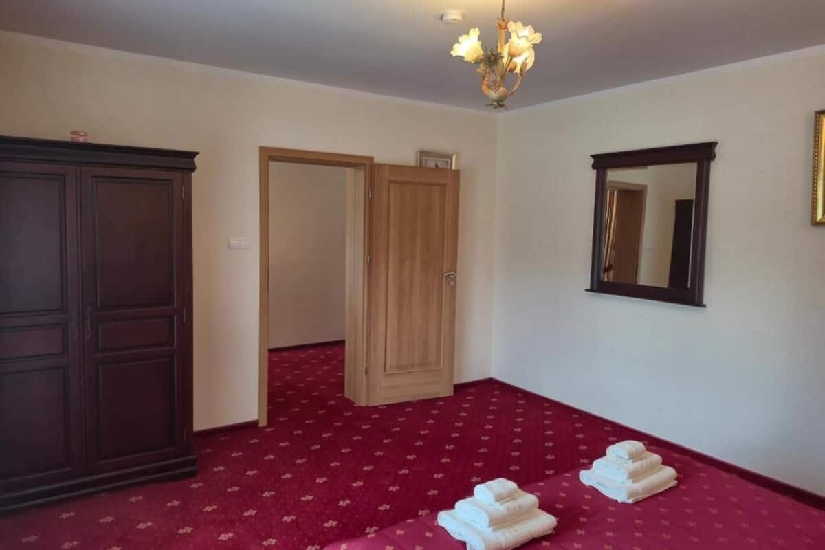Una habitación con alfombra roja, un armario de madera, una puerta de madera, un espejo y una araña.