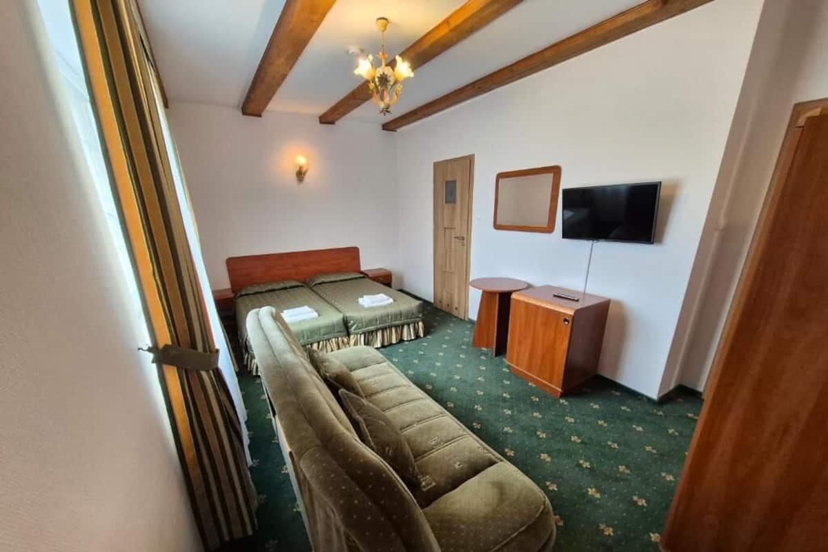 Una habitación con cama, sofá, televisión y un armario de madera.