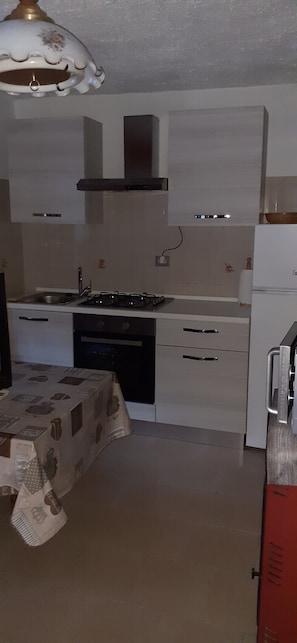 Une cuisine de taille réduite équipée d’une cuisinière à gaz, d’un évier et d’un réfrigérateur.