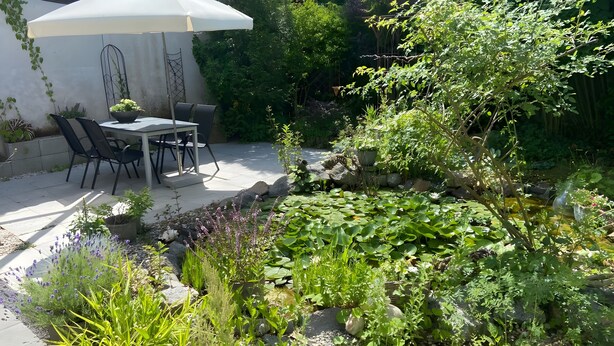 Un patio al aire libre con una mesa y sillas, rodeado de abundante vegetación y un pequeño estanque.