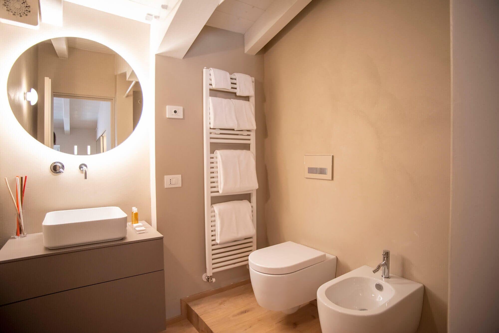 Shower, hair dryer, bidet, towels