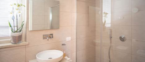 Shower, hair dryer, bidet, towels