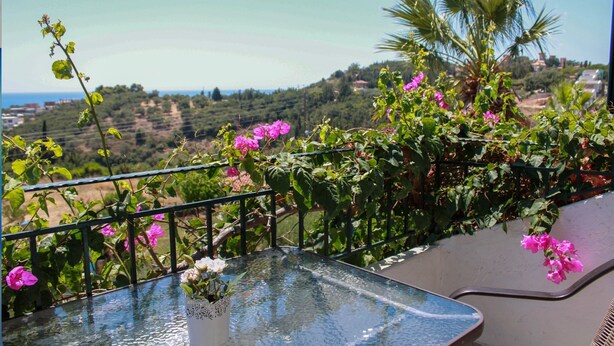 Ein Balkon mit Glastisch, Geländer und rosa Blumen.