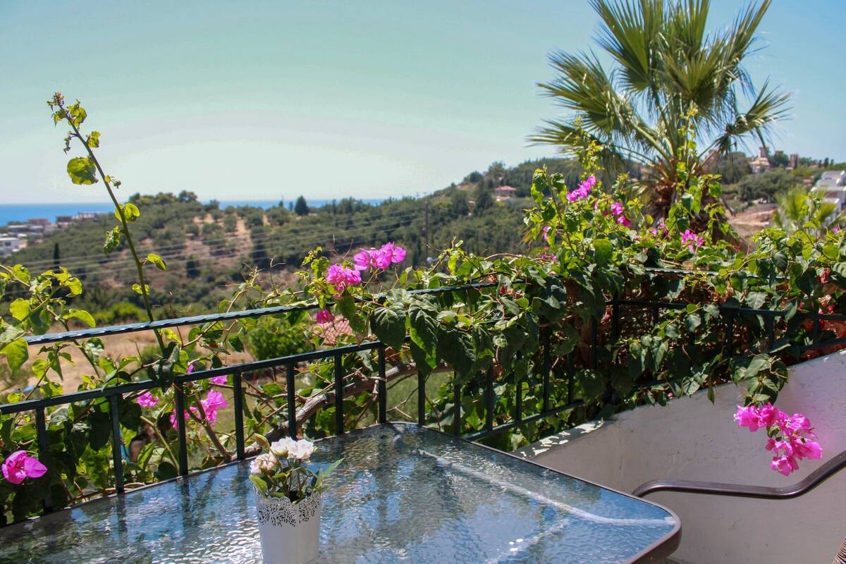 Un balcone con un tavolo in vetro, una ringhiera e fiori rosa.