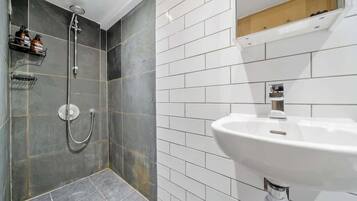 Shower, hair dryer, towels, shampoo