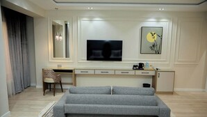 Un saló modern amb un sofà gris, televisió, escriptori amb calaixos, una cadira i un element decoratiu a la paret.