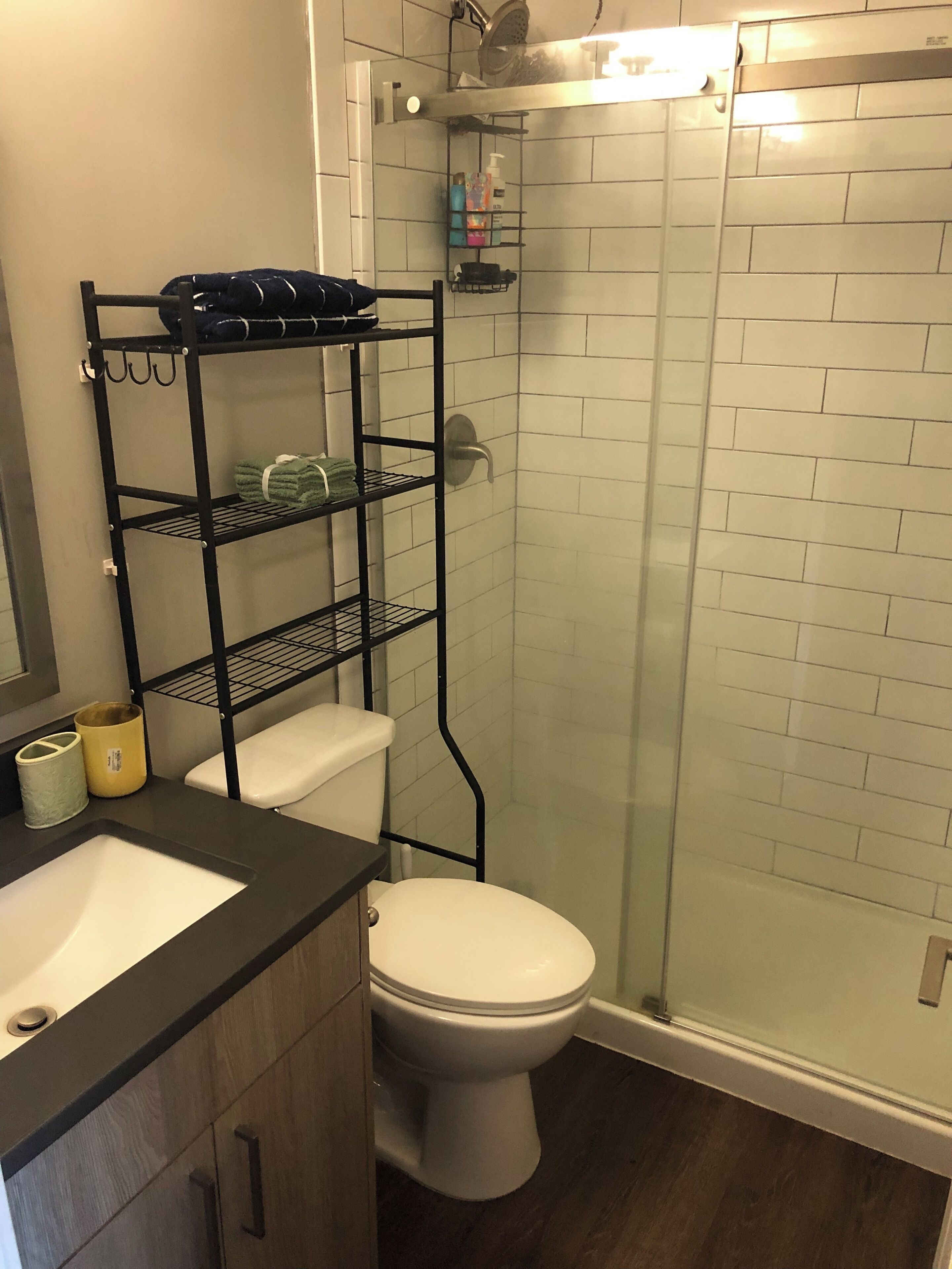 Hair dryer, towels, soap, toilet paper