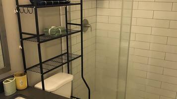 Hair dryer, towels, soap, toilet paper