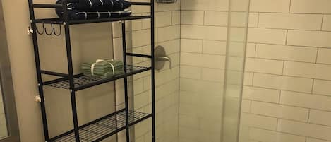 Hair dryer, towels, soap, toilet paper