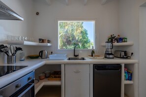 A modern kitchen with a window, stainless steel appliances, and organized storage. - Villa Lantana with private pool - My Rental Homes (Santa Eulària Des Riu)