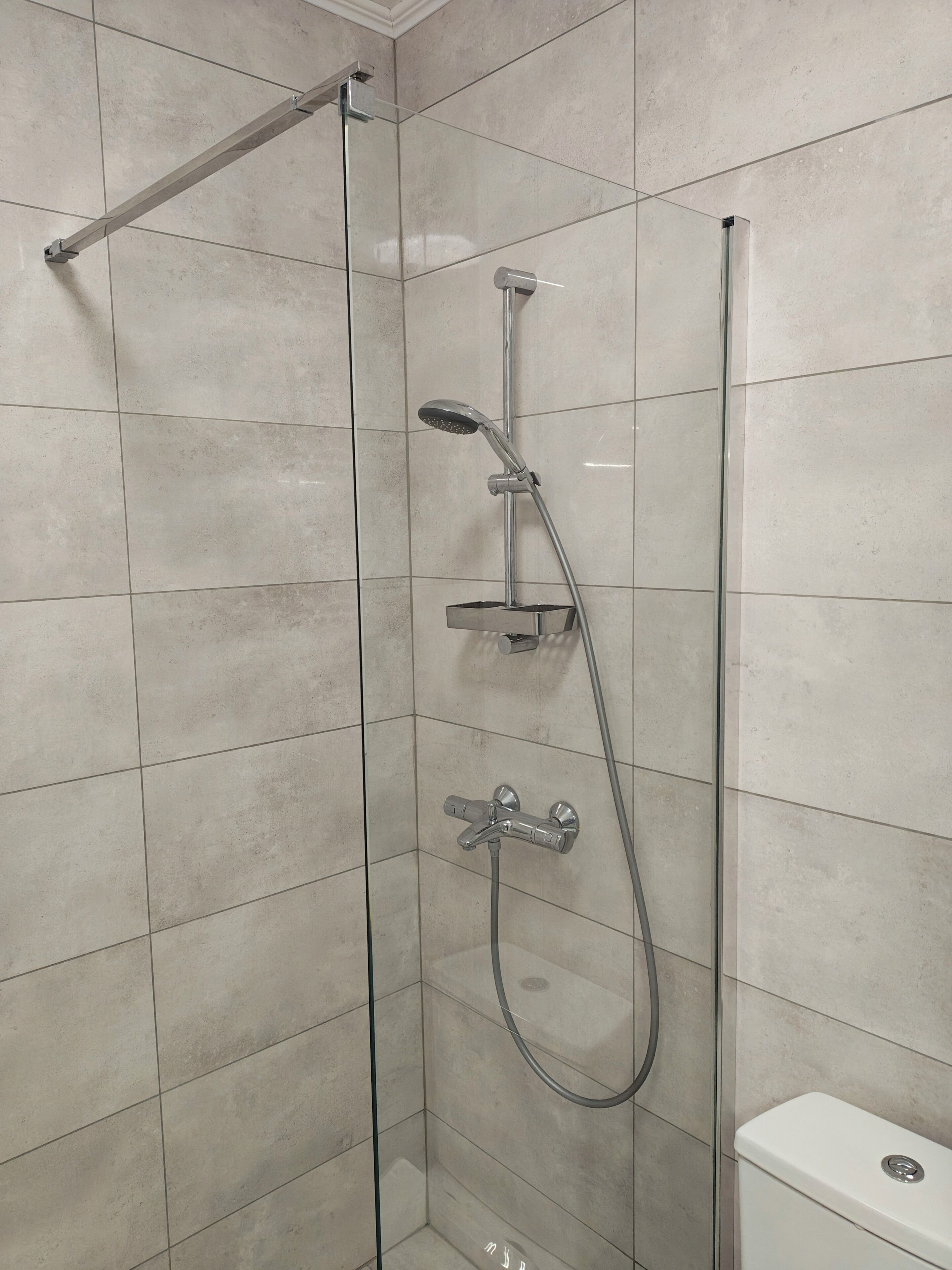 Eine Dusche mit Glastür, Duschbrausehandstück und Wandarmatur.