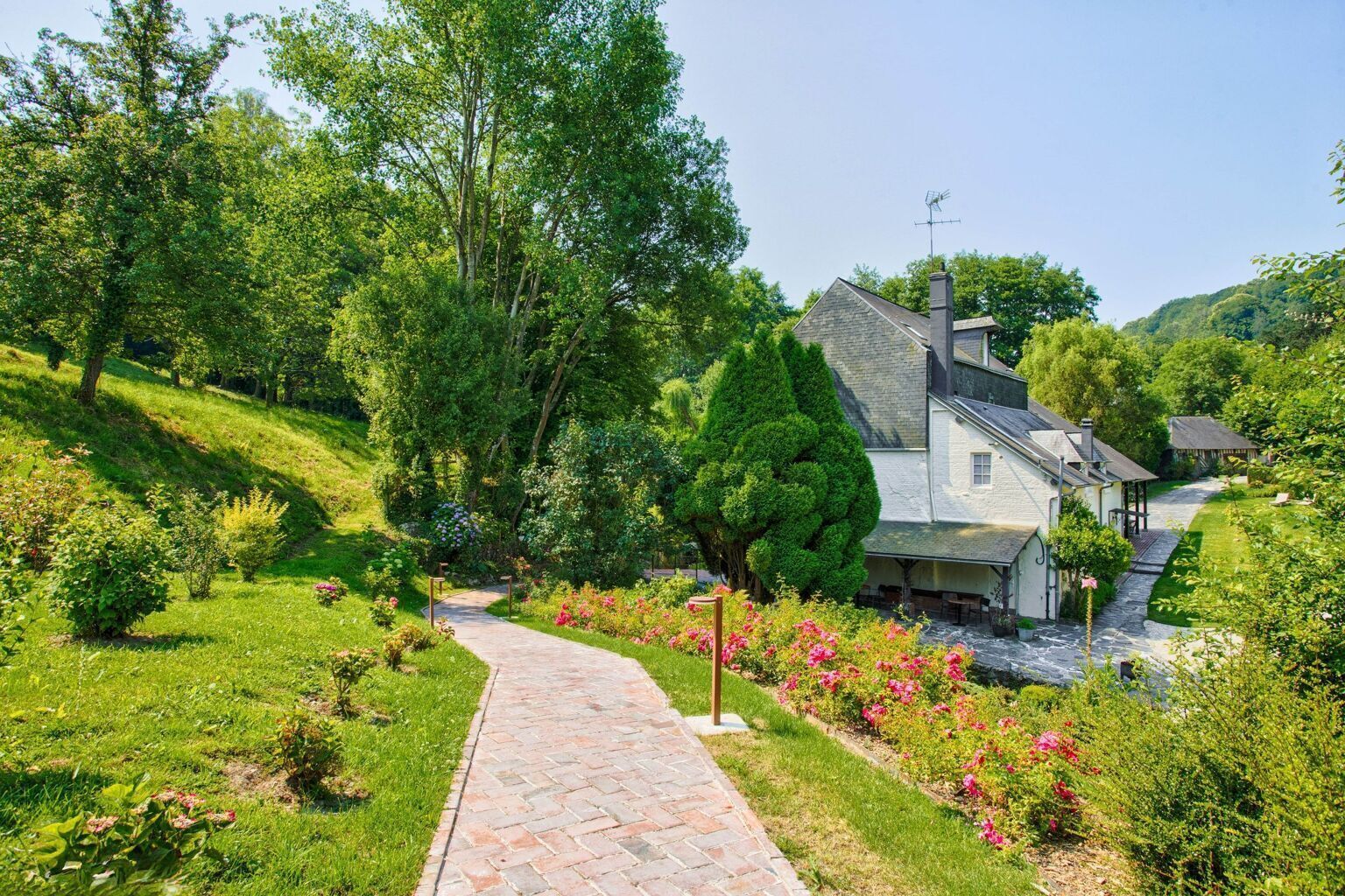 A house with a paved pathway leading to the entrance, surrounded by lush greenery and flowering plants.