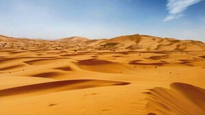 Paisaje desértico con dunas de arena bajo un cielo despejado.