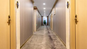 Ein Hotelgang mit Holztüren, Teppichboden und einer Pflanze am Ende.