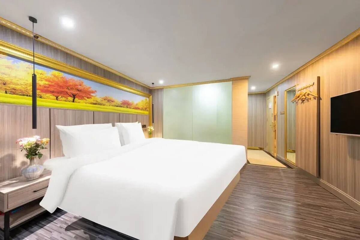 Una habitación de hotel moderna con una cama grande, un cuadro en la pared, un televisor de pantalla plana y un armario.