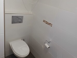 Dusch, hårtork, handdukar och toalettpapper
