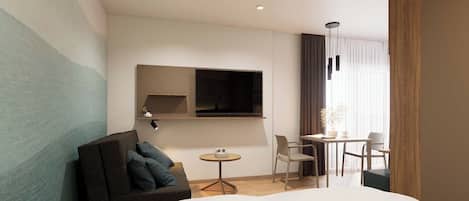 Departamento Confort, balcón | Escritorio, espacio para trabajar con laptop y cortinas blackout