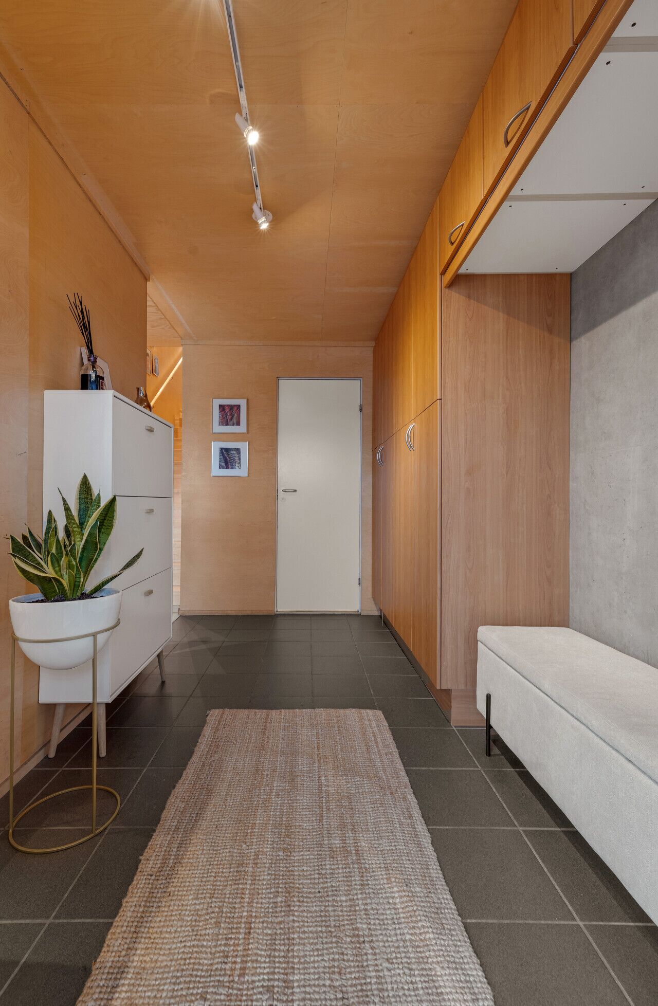 Un intérieur moderne comprenant un comptoir d’accueil, une plante, un canapé et une porte.