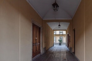 A corridor with a wooden door, a hanging lantern, and a potted plant.